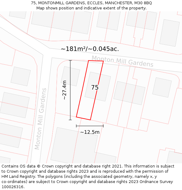 75, MONTONMILL GARDENS, ECCLES, MANCHESTER, M30 8BQ: Plot and title map