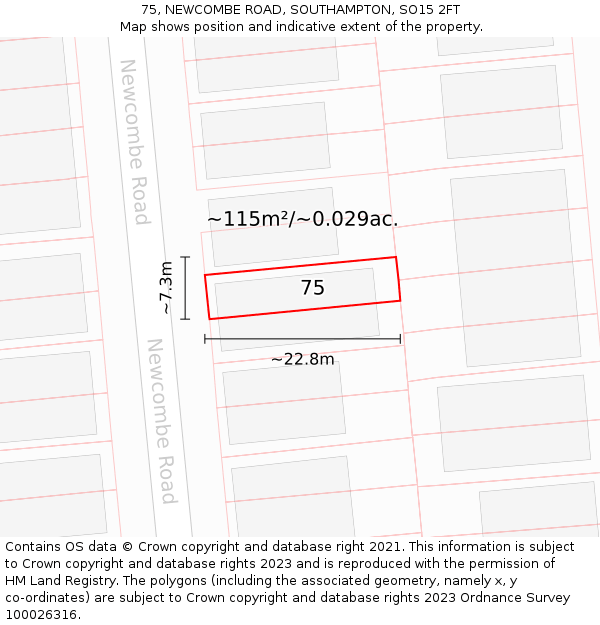 75, NEWCOMBE ROAD, SOUTHAMPTON, SO15 2FT: Plot and title map