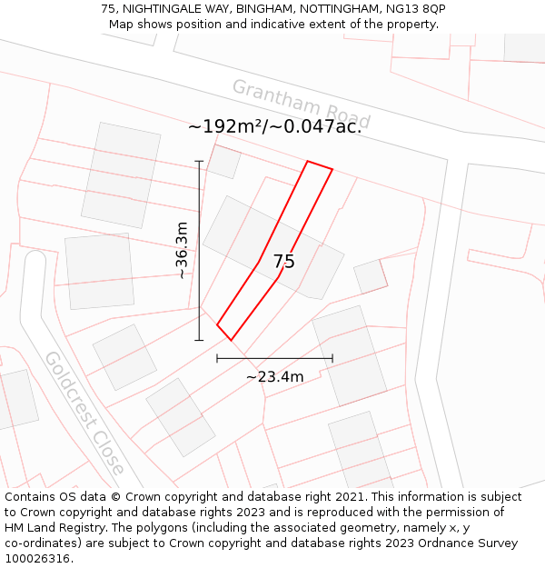 75, NIGHTINGALE WAY, BINGHAM, NOTTINGHAM, NG13 8QP: Plot and title map