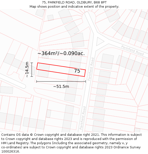 75, PARKFIELD ROAD, OLDBURY, B68 8PT: Plot and title map