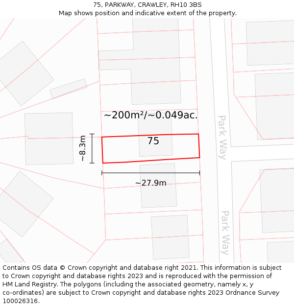 75, PARKWAY, CRAWLEY, RH10 3BS: Plot and title map