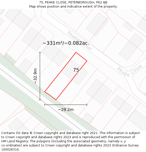 75, PEAKE CLOSE, PETERBOROUGH, PE2 9JE: Plot and title map