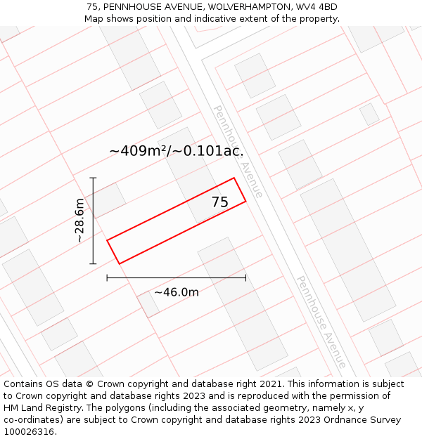 75, PENNHOUSE AVENUE, WOLVERHAMPTON, WV4 4BD: Plot and title map