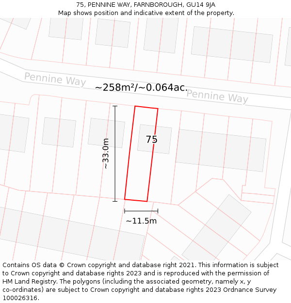 75, PENNINE WAY, FARNBOROUGH, GU14 9JA: Plot and title map