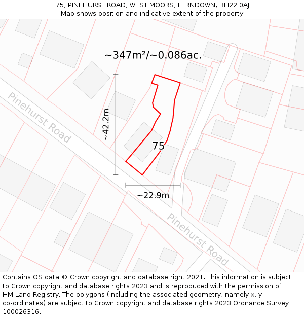75, PINEHURST ROAD, WEST MOORS, FERNDOWN, BH22 0AJ: Plot and title map