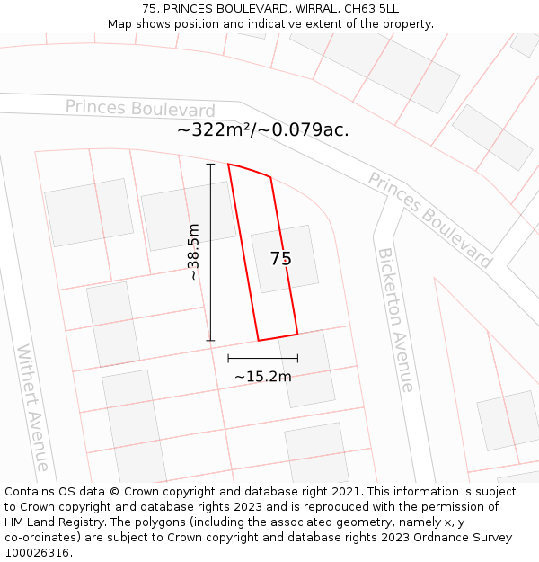 75, PRINCES BOULEVARD, WIRRAL, CH63 5LL: Plot and title map