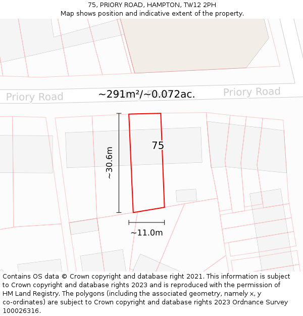 75, PRIORY ROAD, HAMPTON, TW12 2PH: Plot and title map