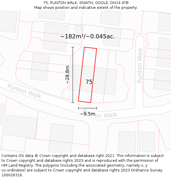75, PUNTON WALK, SNAITH, GOOLE, DN14 9TB: Plot and title map