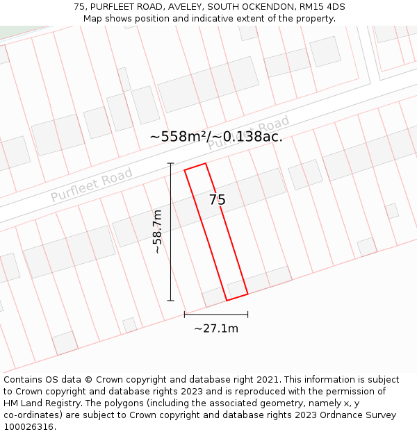 75, PURFLEET ROAD, AVELEY, SOUTH OCKENDON, RM15 4DS: Plot and title map