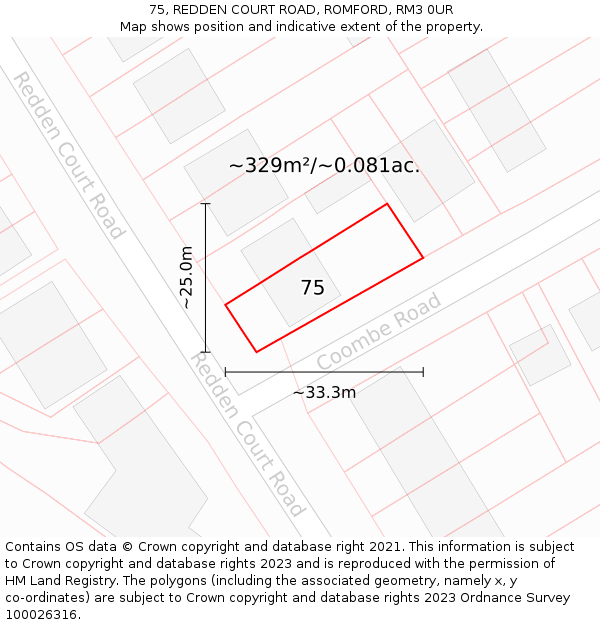 75, REDDEN COURT ROAD, ROMFORD, RM3 0UR: Plot and title map