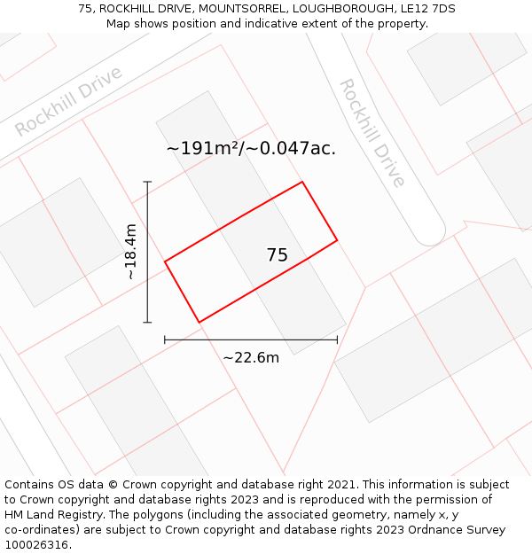 75, ROCKHILL DRIVE, MOUNTSORREL, LOUGHBOROUGH, LE12 7DS: Plot and title map