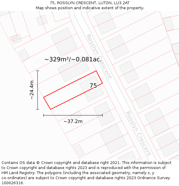 75, ROSSLYN CRESCENT, LUTON, LU3 2AT: Plot and title map