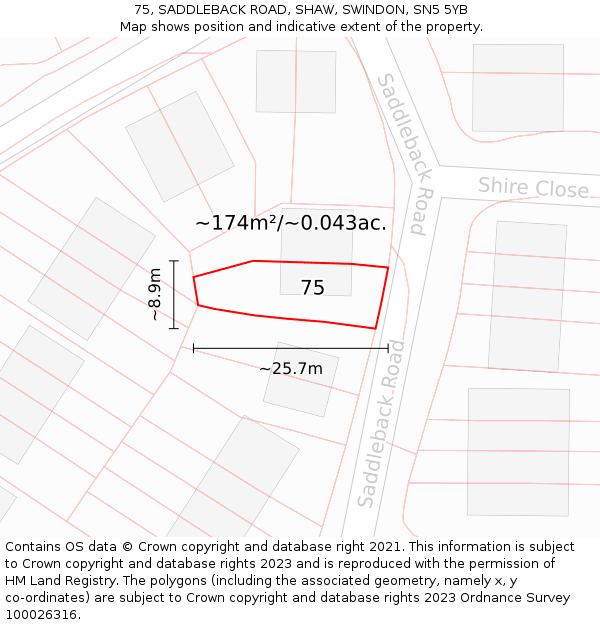 75, SADDLEBACK ROAD, SHAW, SWINDON, SN5 5YB: Plot and title map