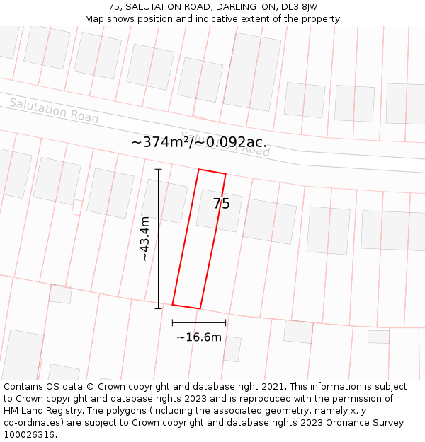 75, SALUTATION ROAD, DARLINGTON, DL3 8JW: Plot and title map