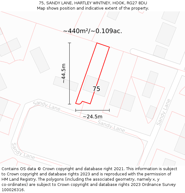 75, SANDY LANE, HARTLEY WINTNEY, HOOK, RG27 8DU: Plot and title map