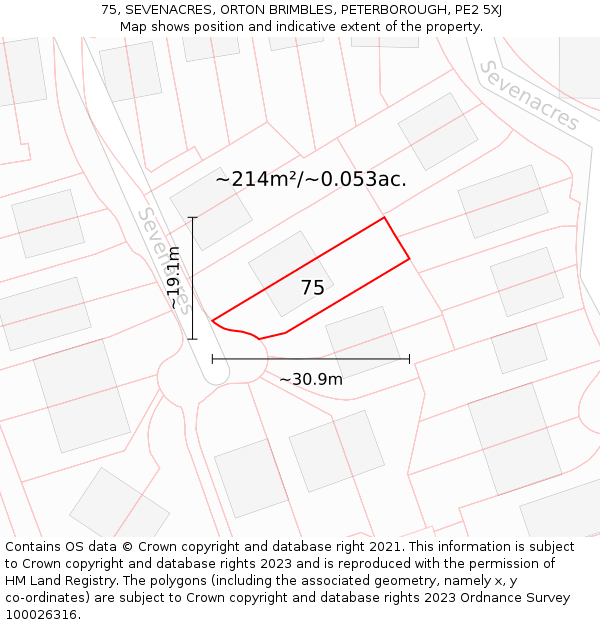 75, SEVENACRES, ORTON BRIMBLES, PETERBOROUGH, PE2 5XJ: Plot and title map