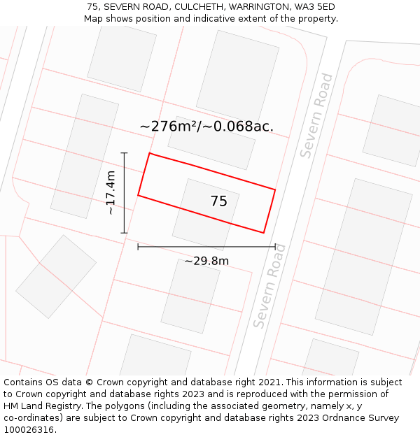 75, SEVERN ROAD, CULCHETH, WARRINGTON, WA3 5ED: Plot and title map