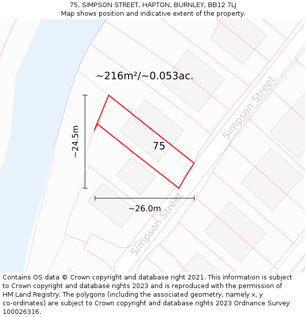 75, SIMPSON STREET, HAPTON, BURNLEY, BB12 7LJ: Plot and title map