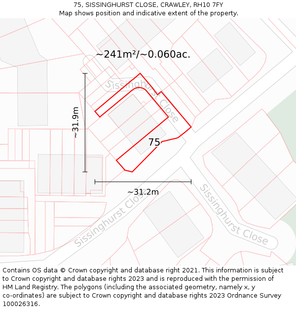 75, SISSINGHURST CLOSE, CRAWLEY, RH10 7FY: Plot and title map