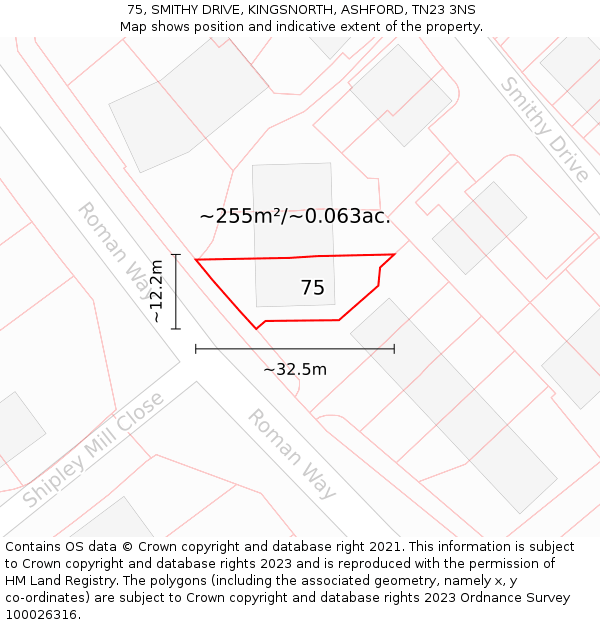 75, SMITHY DRIVE, KINGSNORTH, ASHFORD, TN23 3NS: Plot and title map