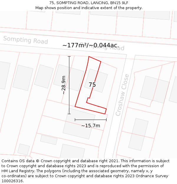 75, SOMPTING ROAD, LANCING, BN15 9LF: Plot and title map