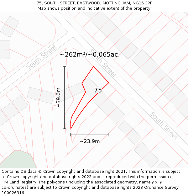 75, SOUTH STREET, EASTWOOD, NOTTINGHAM, NG16 3PF: Plot and title map