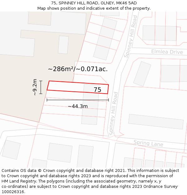 75, SPINNEY HILL ROAD, OLNEY, MK46 5AD: Plot and title map