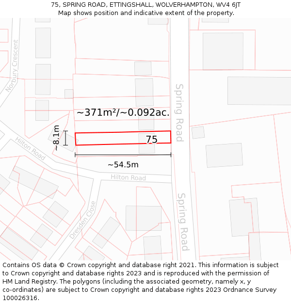 75, SPRING ROAD, ETTINGSHALL, WOLVERHAMPTON, WV4 6JT: Plot and title map