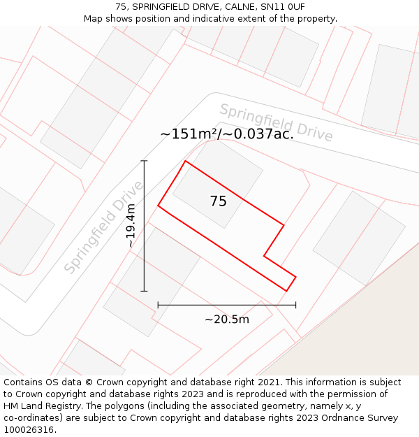 75, SPRINGFIELD DRIVE, CALNE, SN11 0UF: Plot and title map