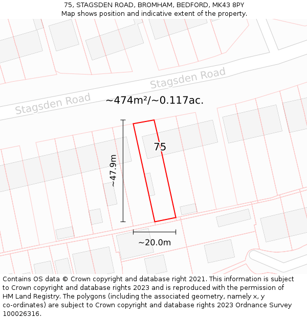 75, STAGSDEN ROAD, BROMHAM, BEDFORD, MK43 8PY: Plot and title map