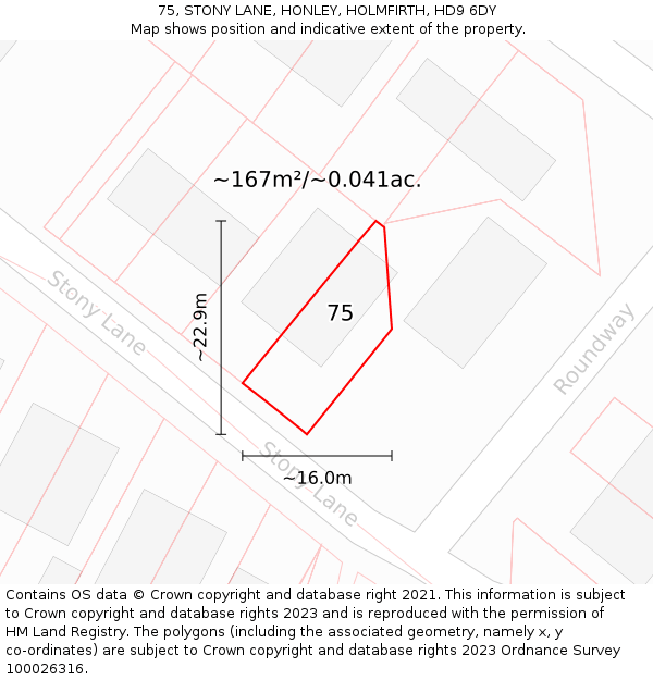 75, STONY LANE, HONLEY, HOLMFIRTH, HD9 6DY: Plot and title map