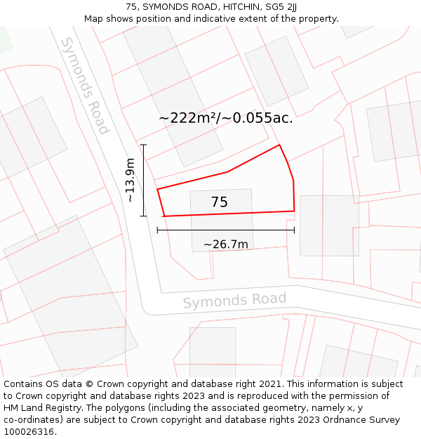 75, SYMONDS ROAD, HITCHIN, SG5 2JJ: Plot and title map