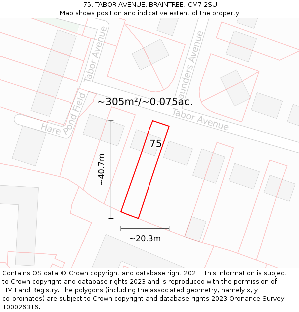 75, TABOR AVENUE, BRAINTREE, CM7 2SU: Plot and title map