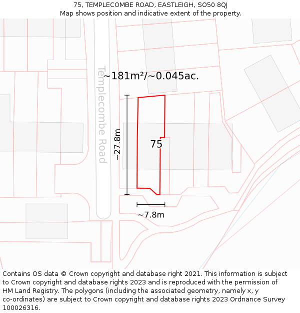 75, TEMPLECOMBE ROAD, EASTLEIGH, SO50 8QJ: Plot and title map