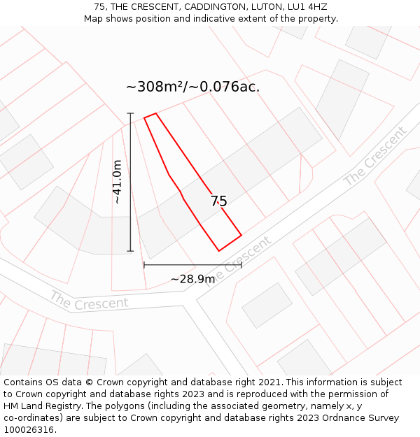 75, THE CRESCENT, CADDINGTON, LUTON, LU1 4HZ: Plot and title map