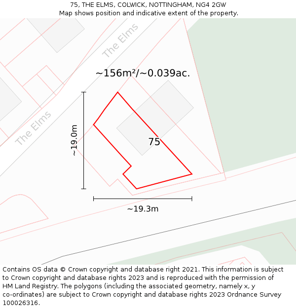 75, THE ELMS, COLWICK, NOTTINGHAM, NG4 2GW: Plot and title map