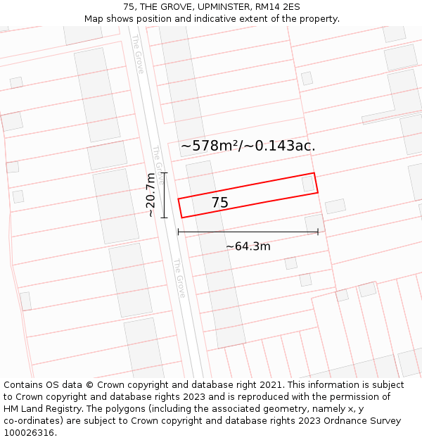 75, THE GROVE, UPMINSTER, RM14 2ES: Plot and title map