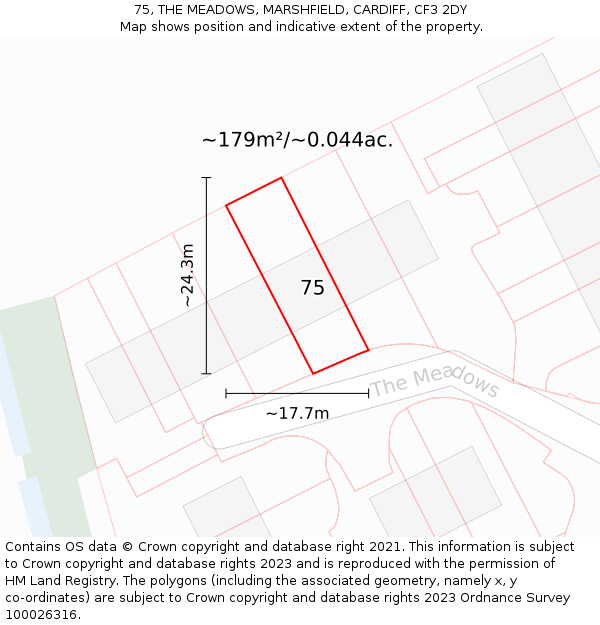 75, THE MEADOWS, MARSHFIELD, CARDIFF, CF3 2DY: Plot and title map