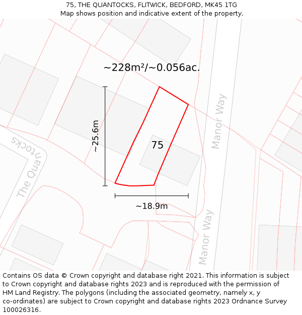 75, THE QUANTOCKS, FLITWICK, BEDFORD, MK45 1TG: Plot and title map