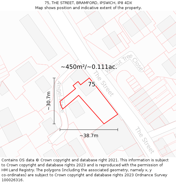 75, THE STREET, BRAMFORD, IPSWICH, IP8 4DX: Plot and title map