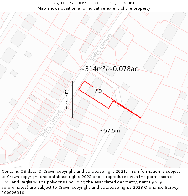 75, TOFTS GROVE, BRIGHOUSE, HD6 3NP: Plot and title map