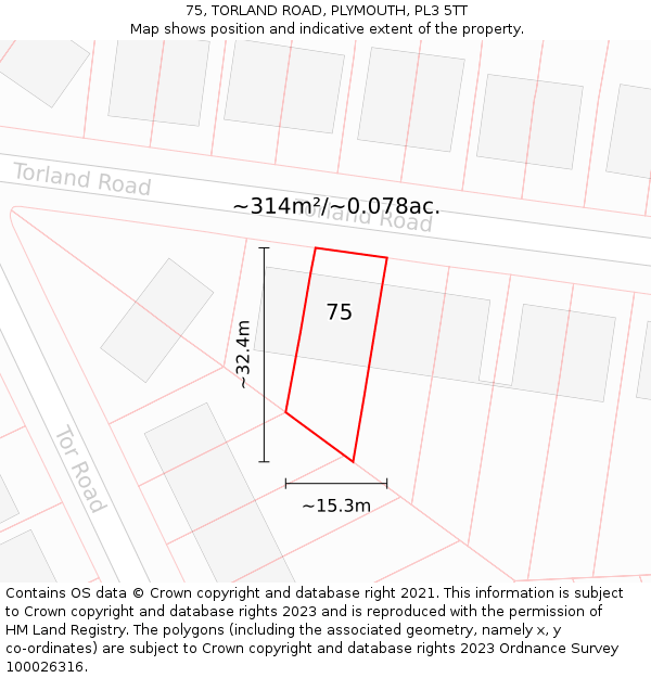 75, TORLAND ROAD, PLYMOUTH, PL3 5TT: Plot and title map