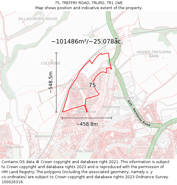 75, TREFFRY ROAD, TRURO, TR1 1WE: Plot and title map