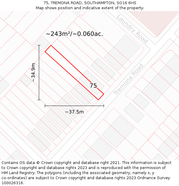 75, TREMONA ROAD, SOUTHAMPTON, SO16 6HS: Plot and title map