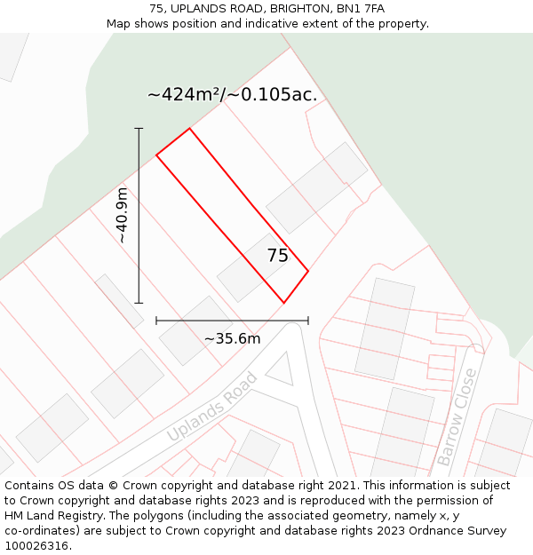 75, UPLANDS ROAD, BRIGHTON, BN1 7FA: Plot and title map