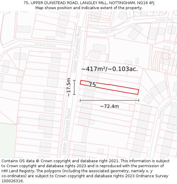 75, UPPER DUNSTEAD ROAD, LANGLEY MILL, NOTTINGHAM, NG16 4FJ: Plot and title map
