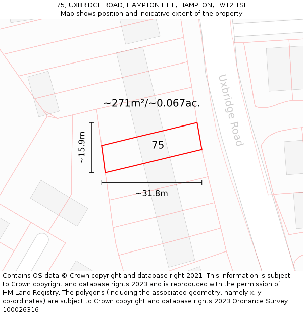 75, UXBRIDGE ROAD, HAMPTON HILL, HAMPTON, TW12 1SL: Plot and title map
