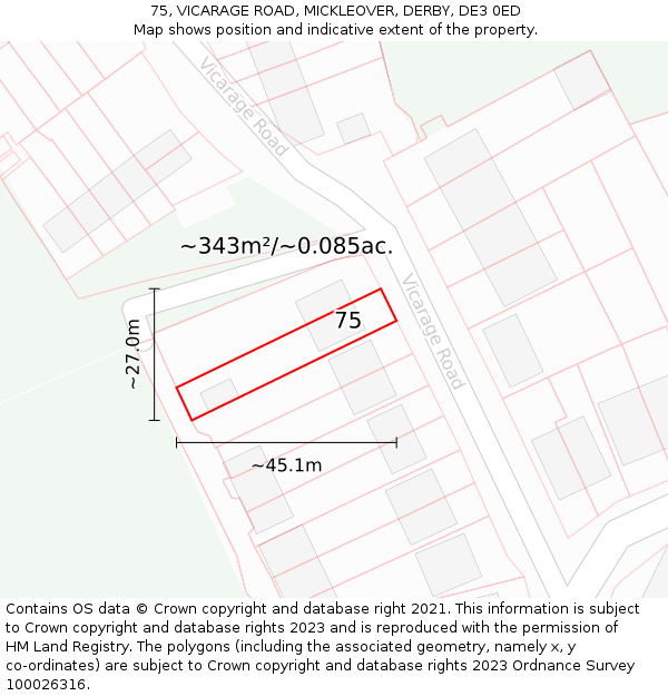 75, VICARAGE ROAD, MICKLEOVER, DERBY, DE3 0ED: Plot and title map