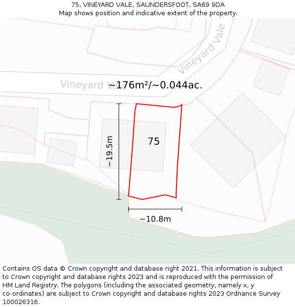 75, VINEYARD VALE, SAUNDERSFOOT, SA69 9DA: Plot and title map