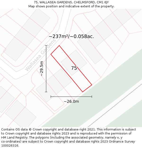75, WALLASEA GARDENS, CHELMSFORD, CM1 6JY: Plot and title map